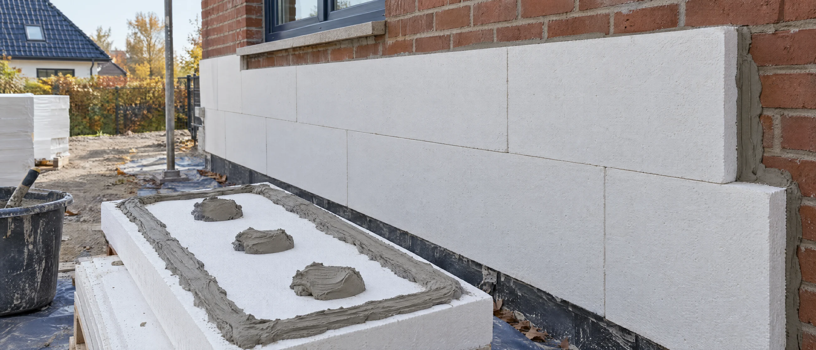 Dämmplatte aus Styropor mit Klebepunkten an einer Klinkerwand