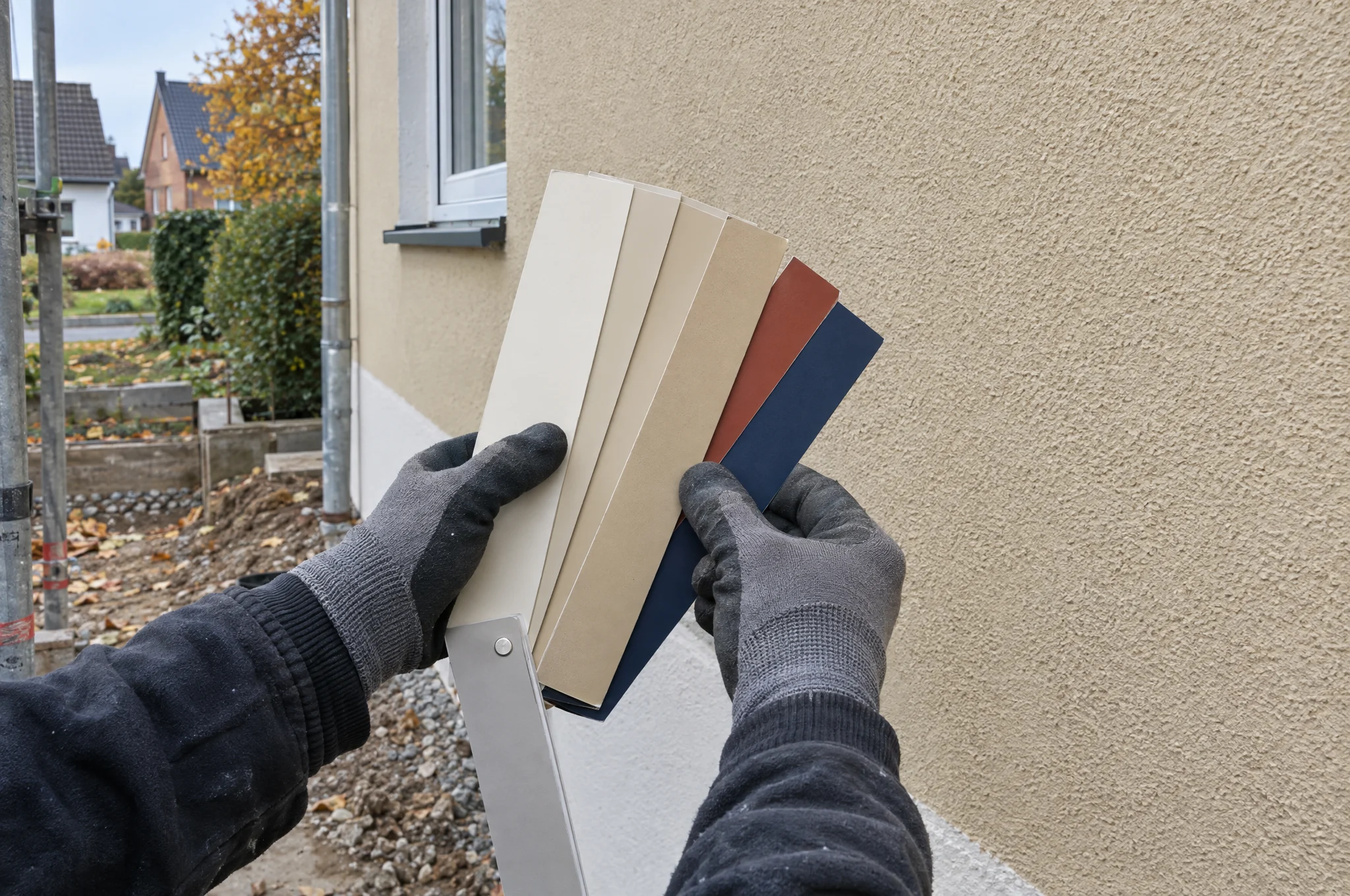 Farbfächer an einer verputzten Hauswand