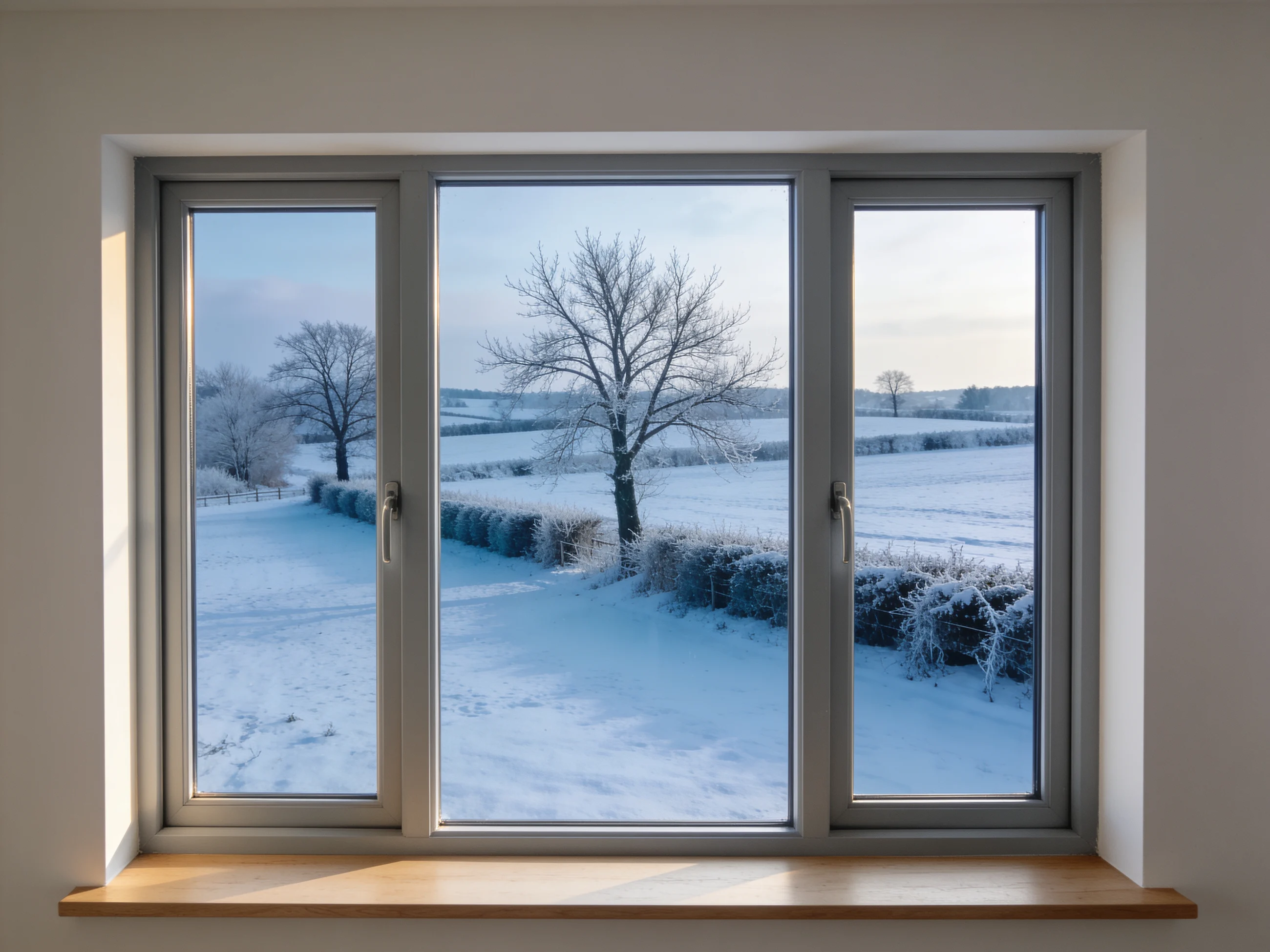 Blick durch ein dreiteiliges Fenster auf eine Winterlandschaft