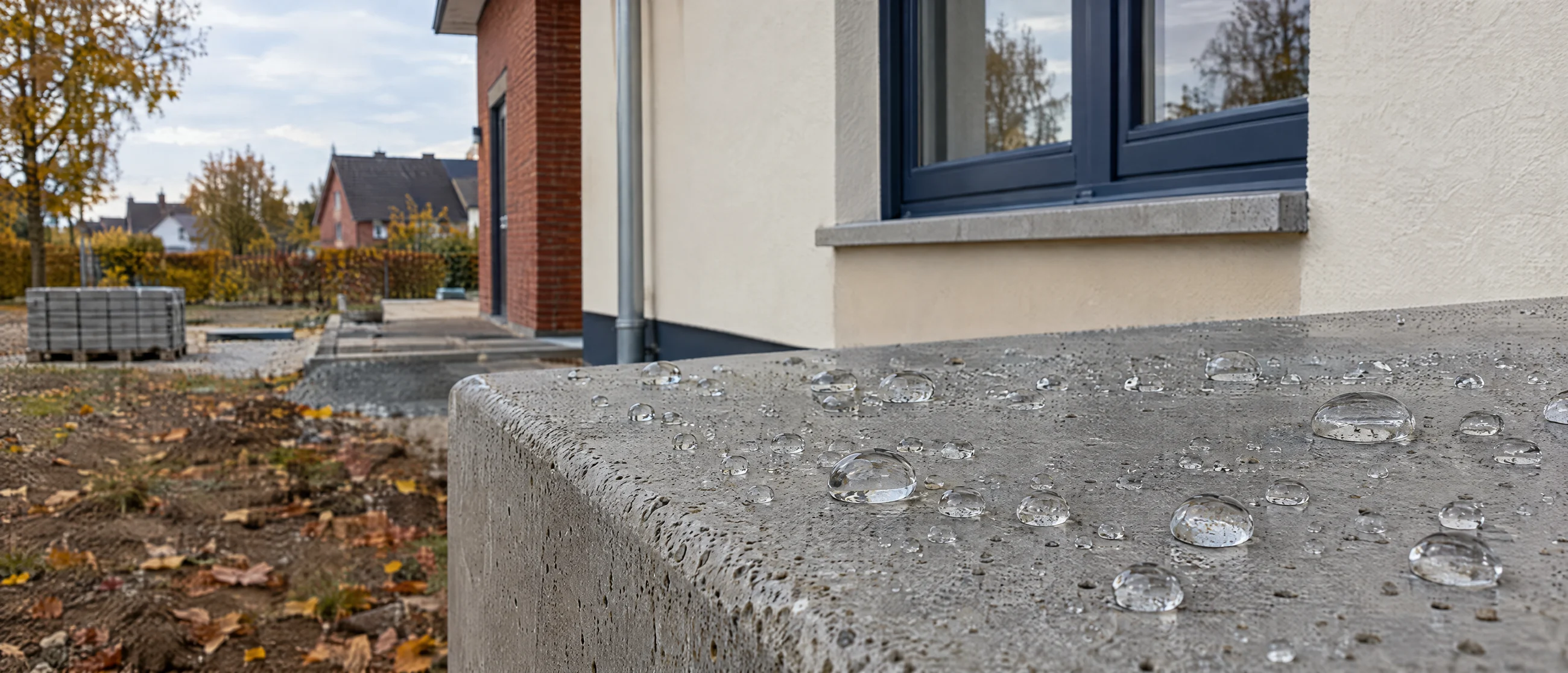 Wasser perlt von einer imprägnierten Steinoberfläche ab