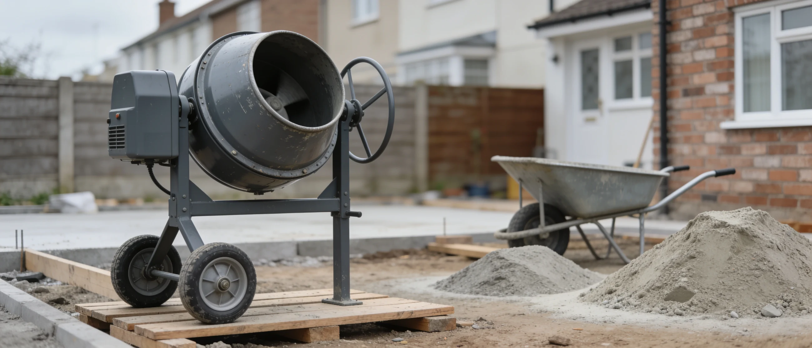 Betonmischer mit Schubkarre und Sand an einer kleinen Baustelle