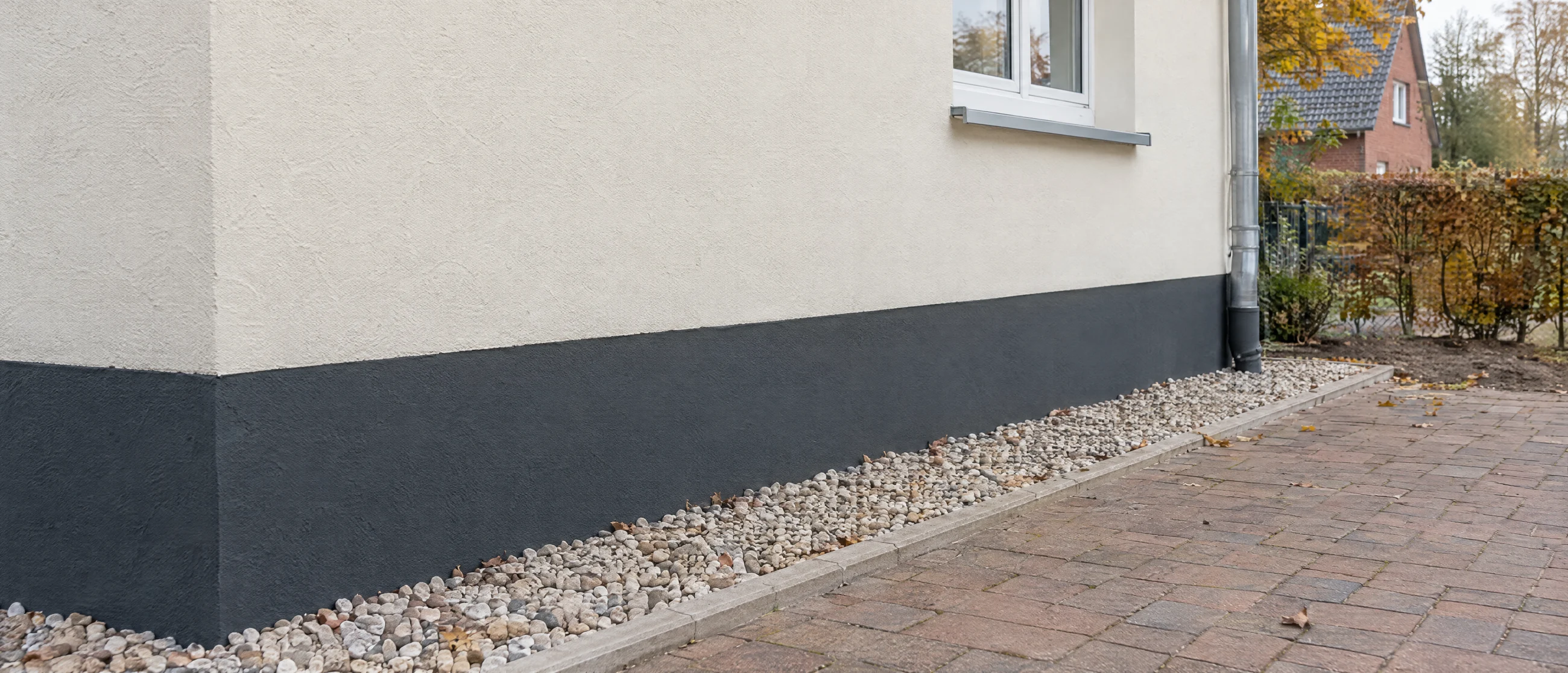 Hauswand mit hellem Putz, dunklem Sockelputz und Kiesstreifen