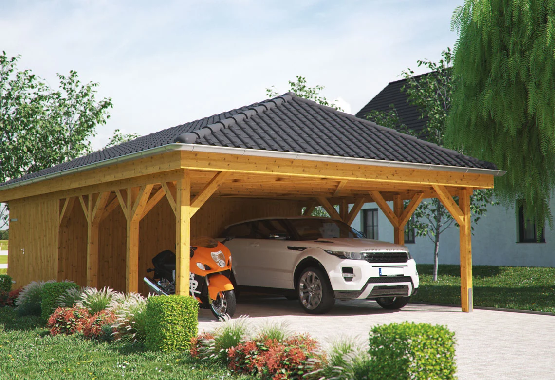 Carport aus Holz mit Walmdach