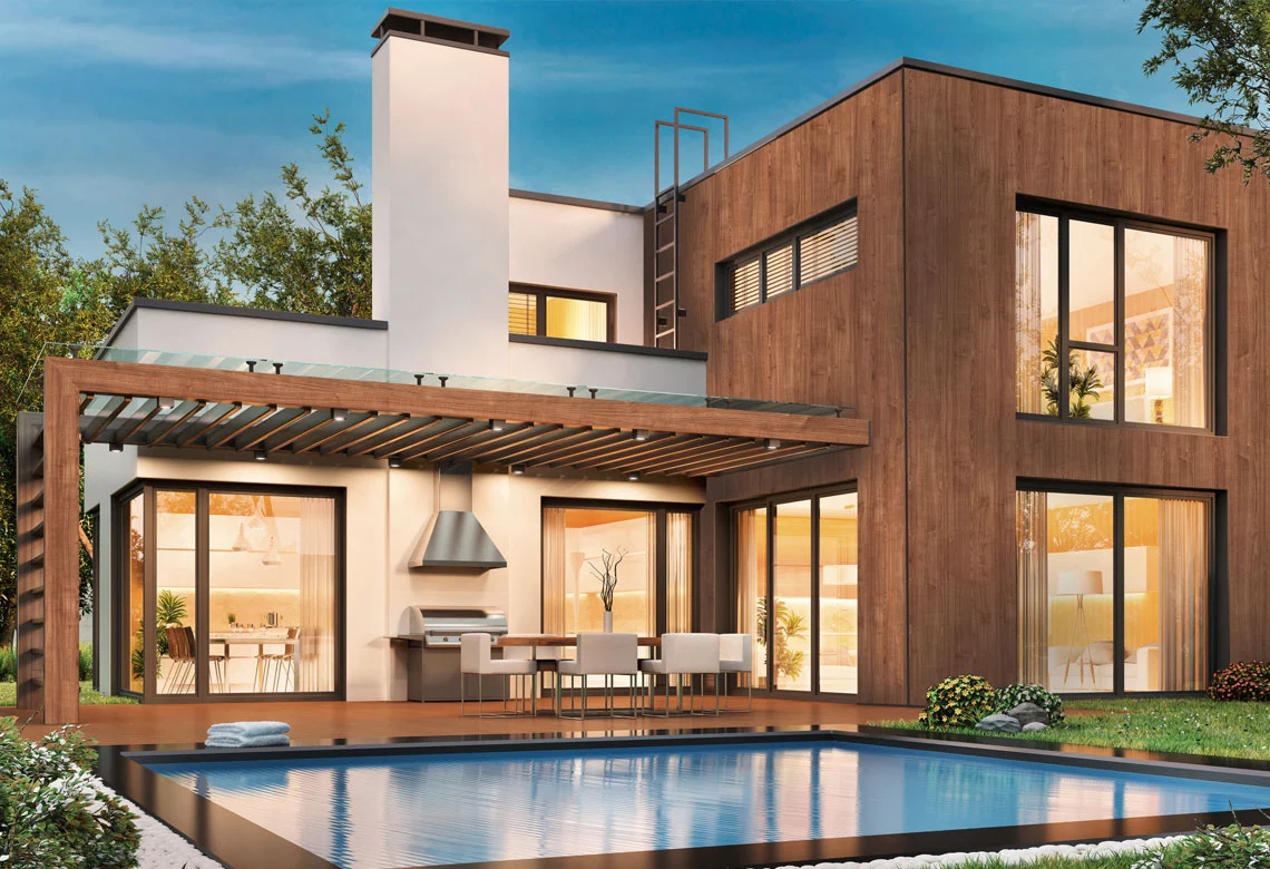 Haus mit HPL-Fassade in Holzoptik und Pool