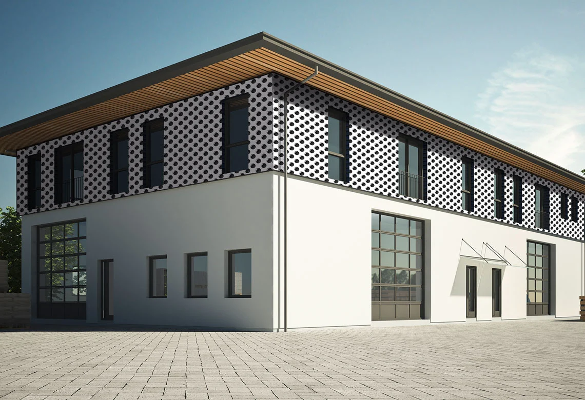 Gewerbebau mit gemusterter HPL-Fassade