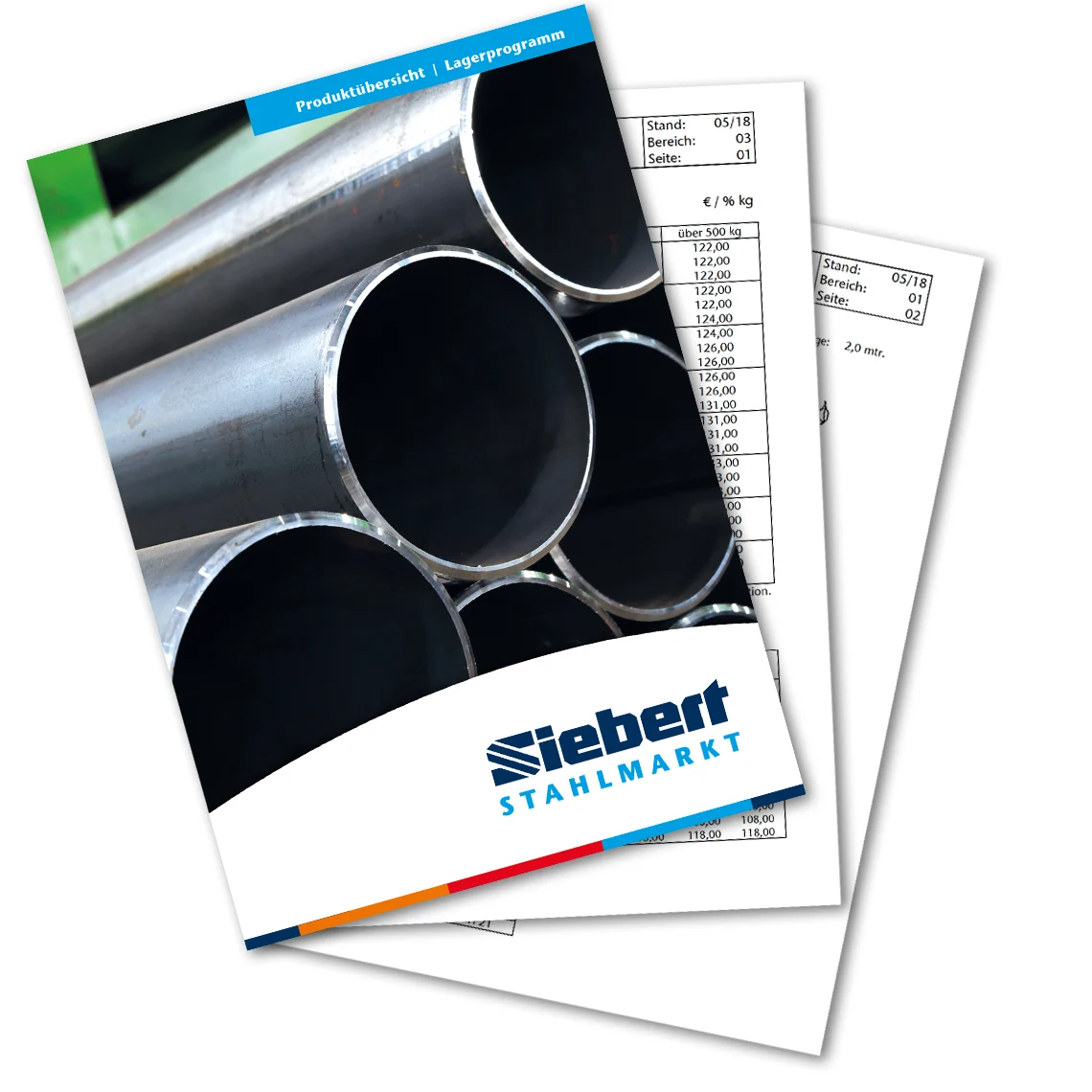 Produktübersicht des Siebert Stahlmarkts mit Stahlrohren auf dem Titel