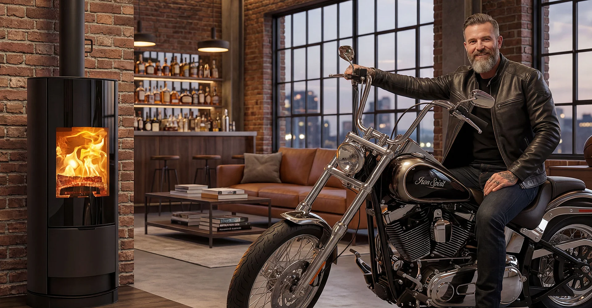 Kaminofen in einem Loft mit Motorrad davor